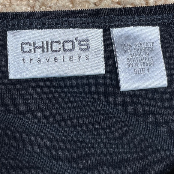 Chicos Travelers Split Sleeve Top Pant 2 Pc Set Sz 1 Black Wide Leg Pant Crystal - Picture 4 of 9